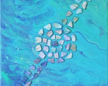 Aqua and ocean green acrylic pour painting with polished sea shells on a 9x12 canvas