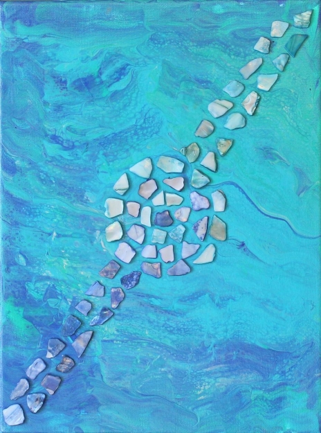 Acrylic pour paints with polished sea shell on a 9x12 canvas.