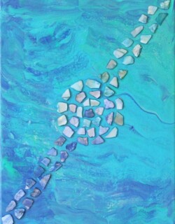 Aqua and ocean green acrylic pour painting with polished sea shells on a 9x12 canvas