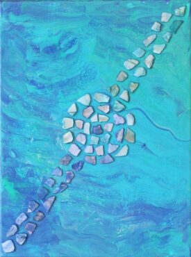 <i>The Road</i> Aqua and ocean green acrylic pour painting with polished sea shells on a 9x12 canvas